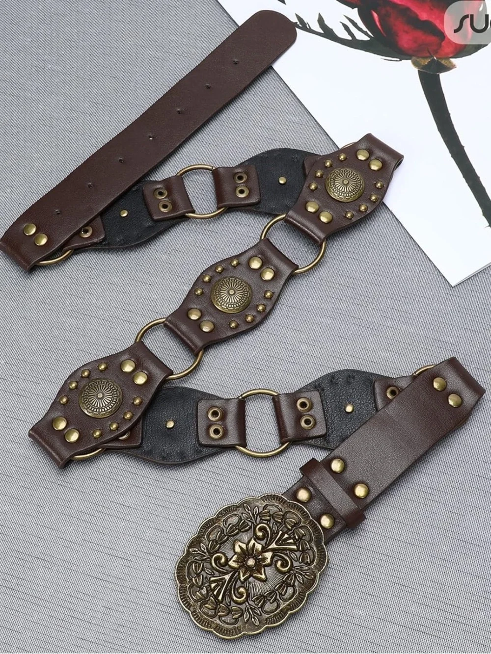 Brown Leather Belt with Ornate Antique Gold Buckle